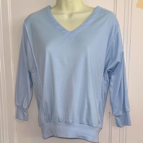 Vtg 70s/80s Sears Light Blue V Neck Polyester/Cotton Knit Top with 3/4 Sleeves - Picture 1 of 8